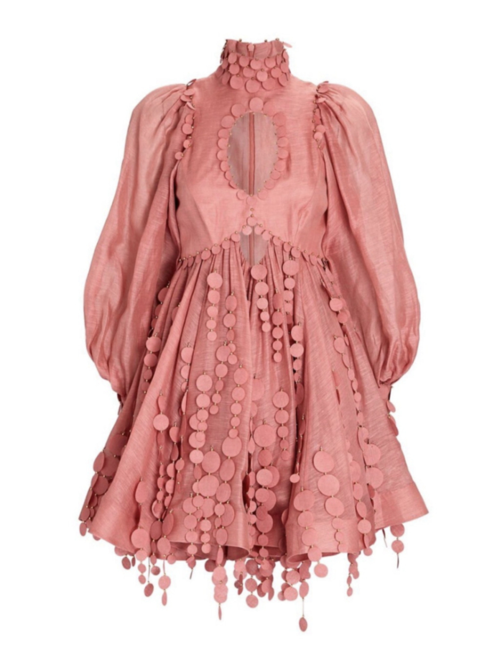 Zimmermann 0 Concert Disc Pink Cutout Mini Dress Puff Sleeve Linen Silk Appliqué - Picture 2 of 15